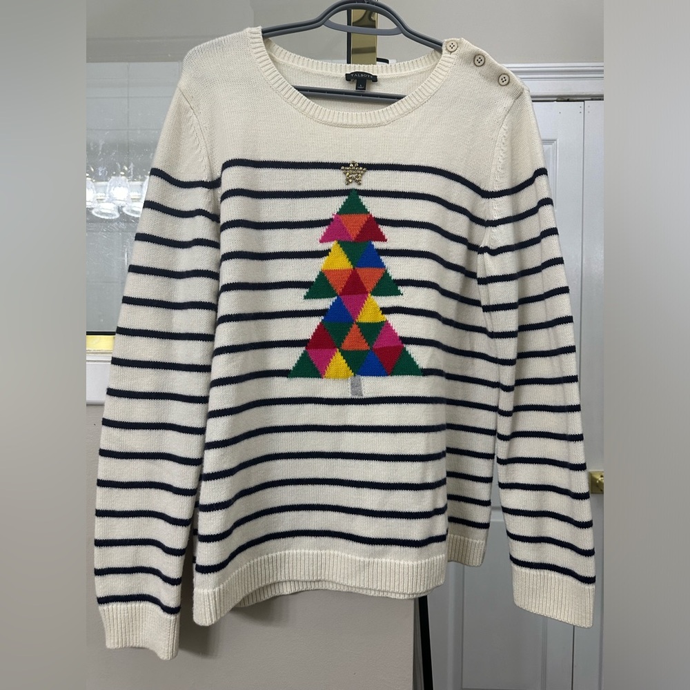 Talbots Xmas sweater size large, white with stripes and a Christmas tree.